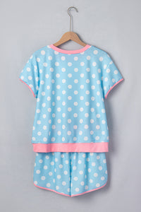 Baby Blue Polka Dot Short Sleeve Lounge Top w/Pink Contrast