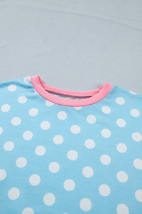 Baby Blue Polka Dot Short Sleeve Lounge Top w/Pink Contrast