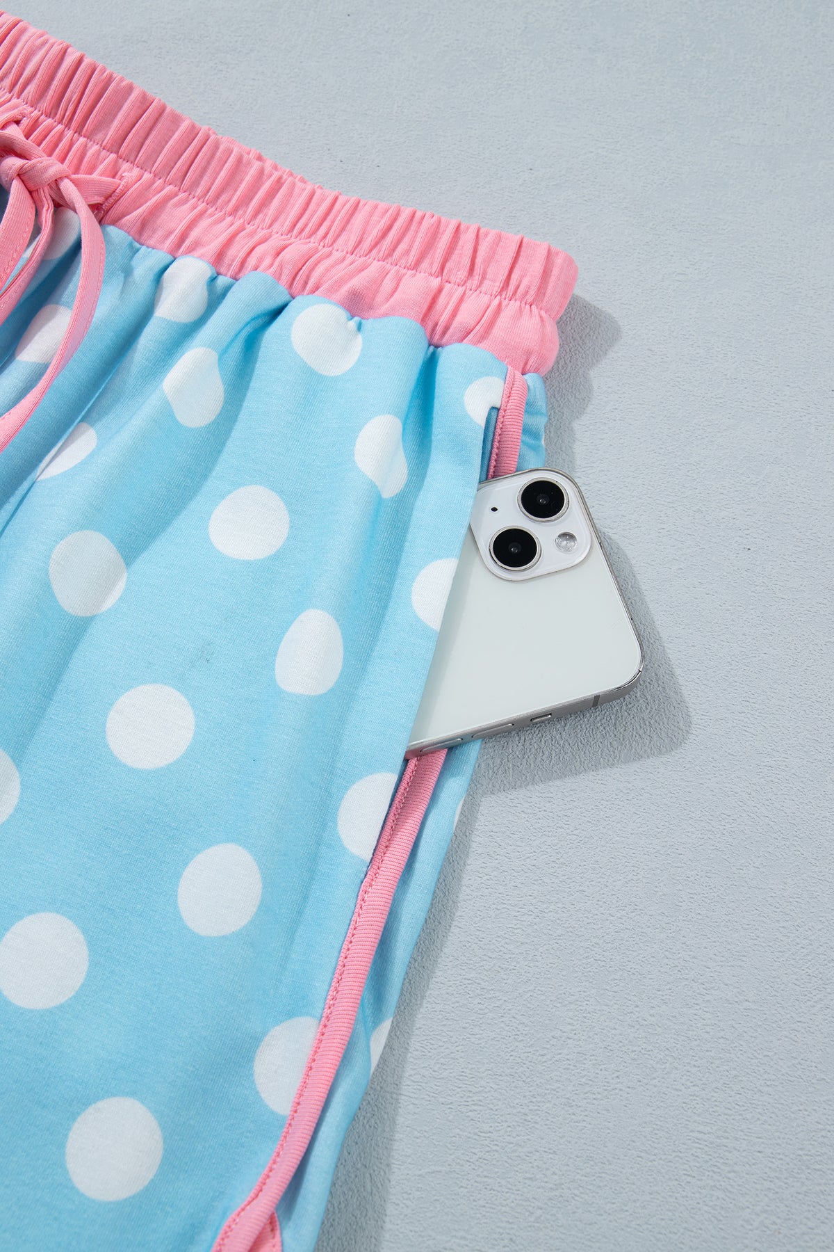 Baby Blue Polka Dot Drawstring Lounge Shorts w/Pink Contrast