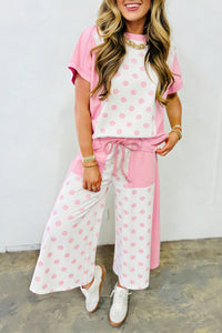 Pink & White Color Block Polka Dot Wide Leg Loungewear Set