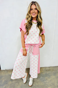 Pink & White Color Block Polka Dot Wide Leg Loungewear Set