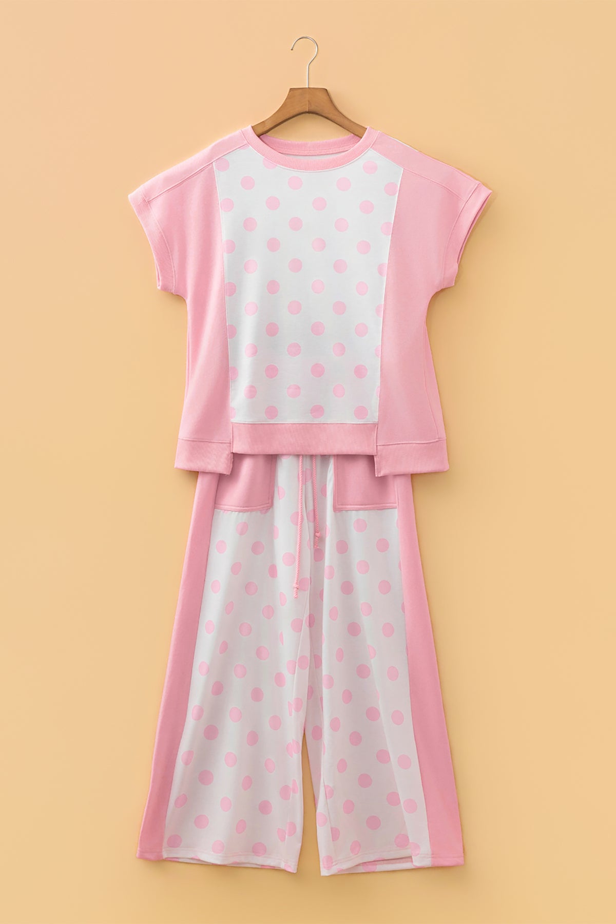 Pink & White Color Block Polka Dot Wide Leg Loungewear Set