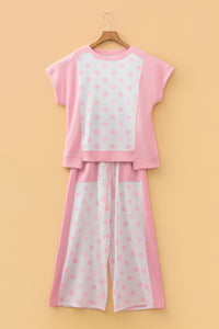 Pink & White Color Block Polka Dot Wide Leg Loungewear Set