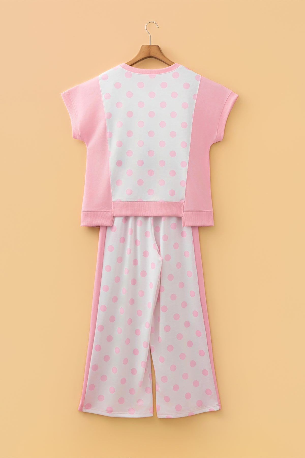 Pink & White Color Block Polka Dot Wide Leg Loungewear Set