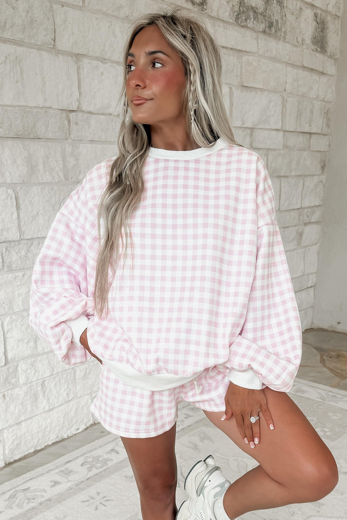 Gingham (Light Pink) Baggy Lightweight Sweatshirt (Matching Shorts Sold Separately)