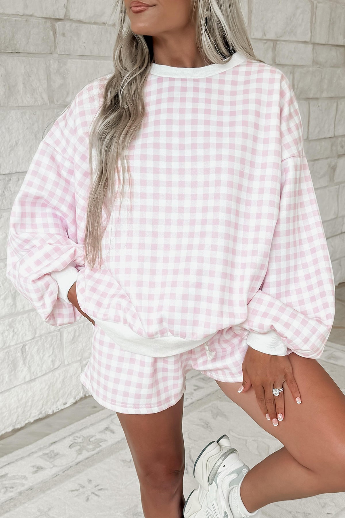 Gingham (Light Pink) Baggy Lightweight Sweatshirt (Matching Shorts Sold Separately)