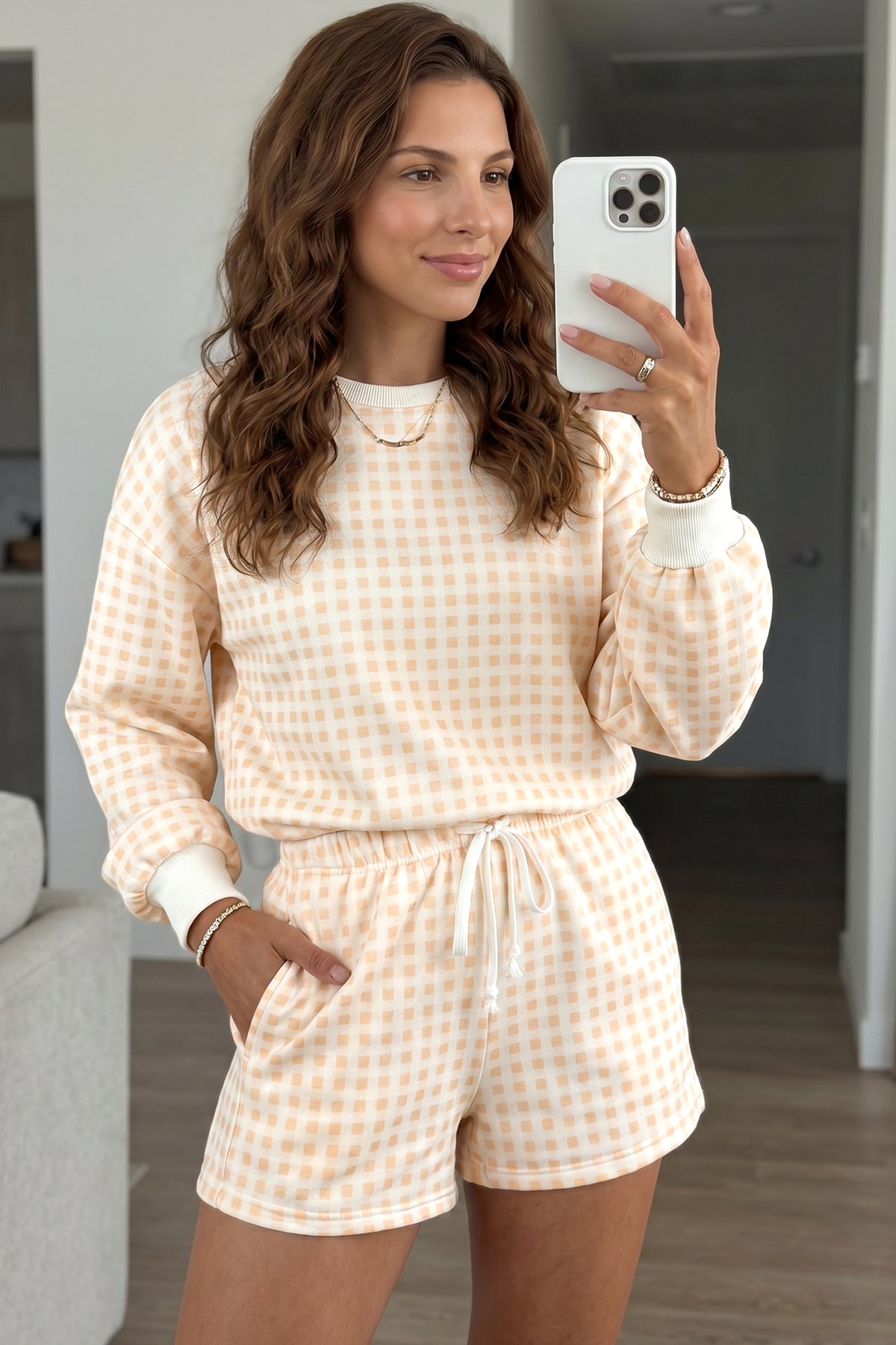 Gingham (Cream) Baggy Lightweight Sweatshirt (Matching Shorts Sold Separately)