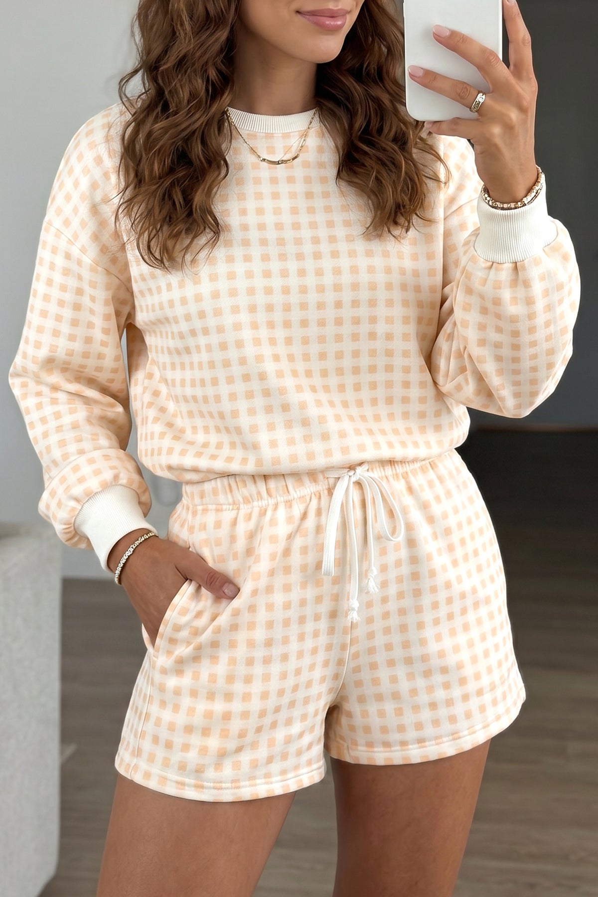 Gingham (Cream) Baggy Lightweight Sweatshirt (Matching Shorts Sold Separately)