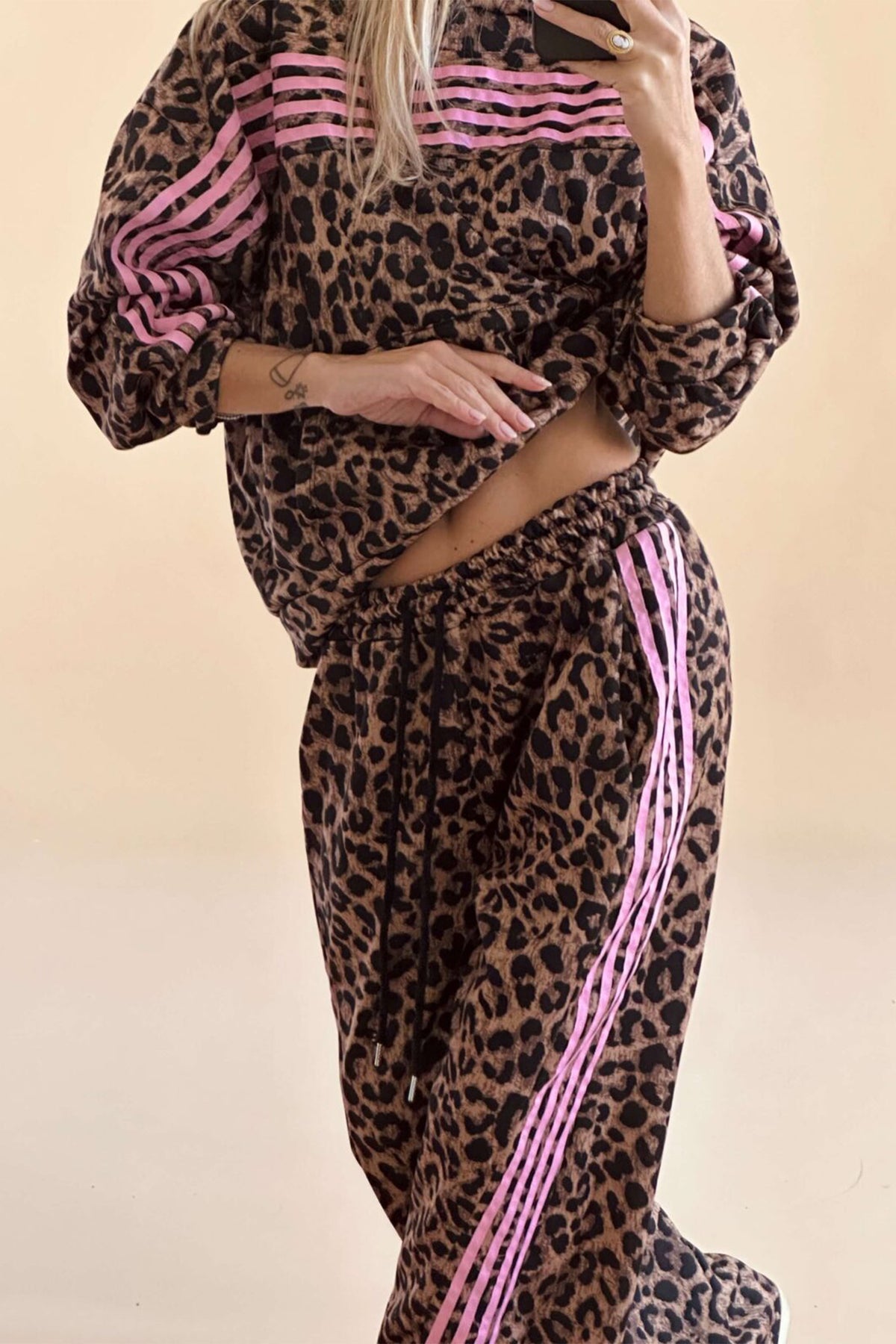 Leopard Print Track Suit w/Pink Striped Detail - Hoodie & Pants