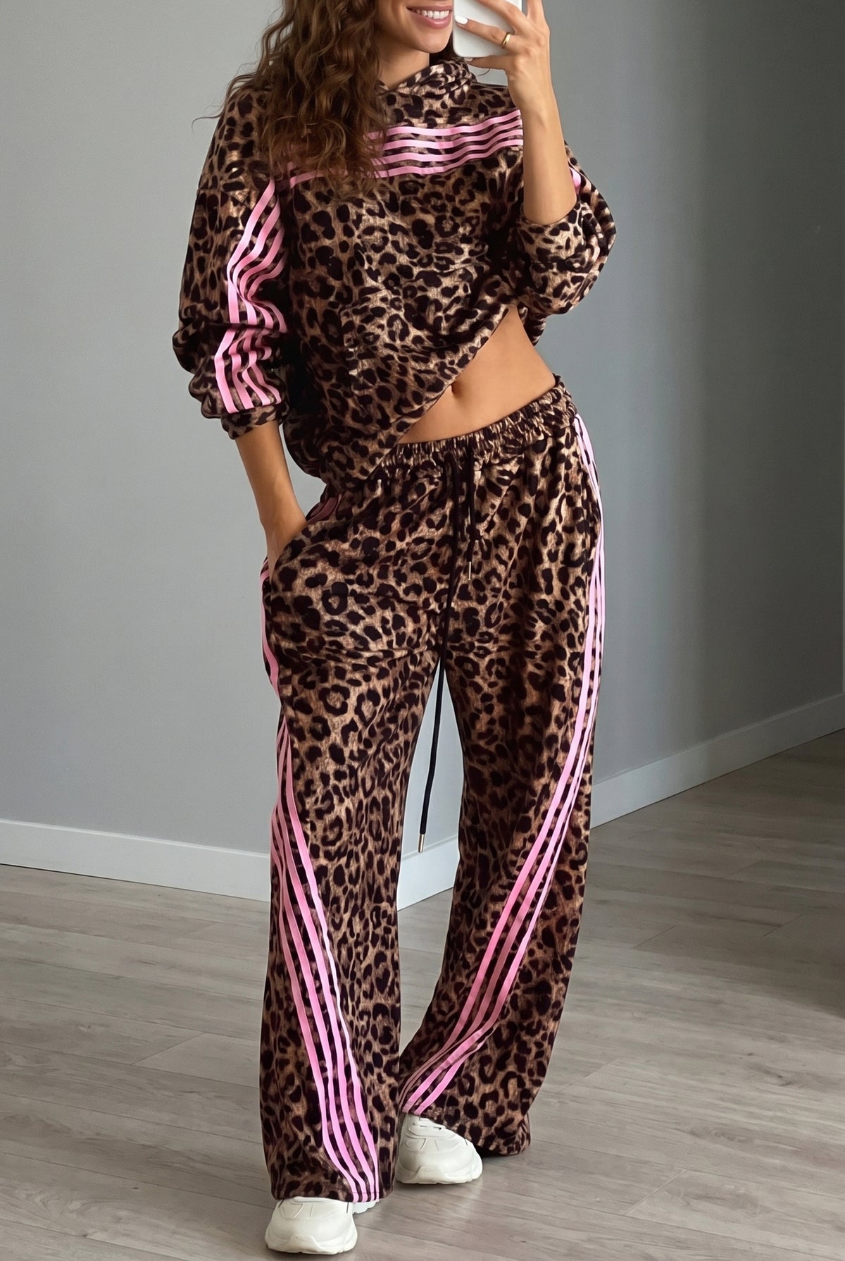 Leopard Print Track Suit w/Pink Striped Detail - Hoodie & Pants
