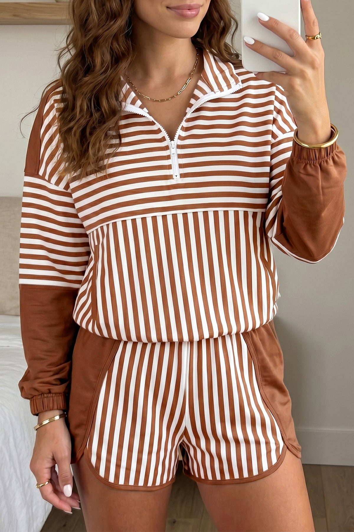 Brown Striped (Cotton) Patchwork Quarter Zip Top