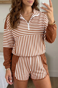 Brown Striped (Cotton) Patchwork Quarter Zip Top