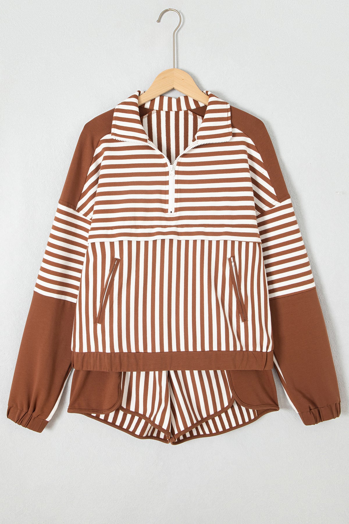 Brown Striped (Cotton) Patchwork Quarter Zip Top