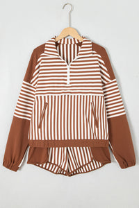 Brown Striped (Cotton) Patchwork Quarter Zip Top
