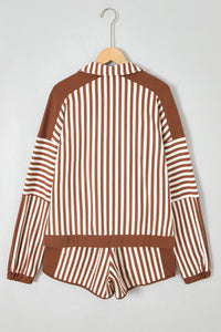 Brown Striped (Cotton) Patchwork Quarter Zip Top
