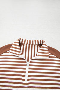Brown Striped (Cotton) Patchwork Quarter Zip Top