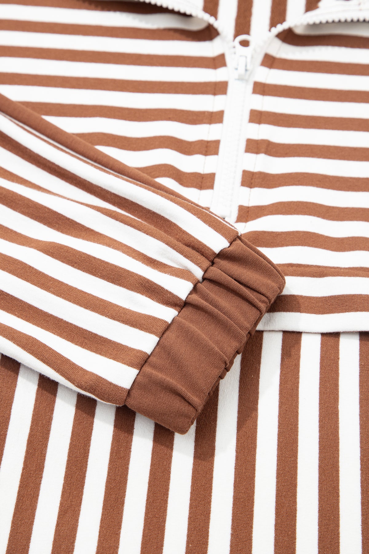 Brown Striped (Cotton) Patchwork Quarter Zip Top