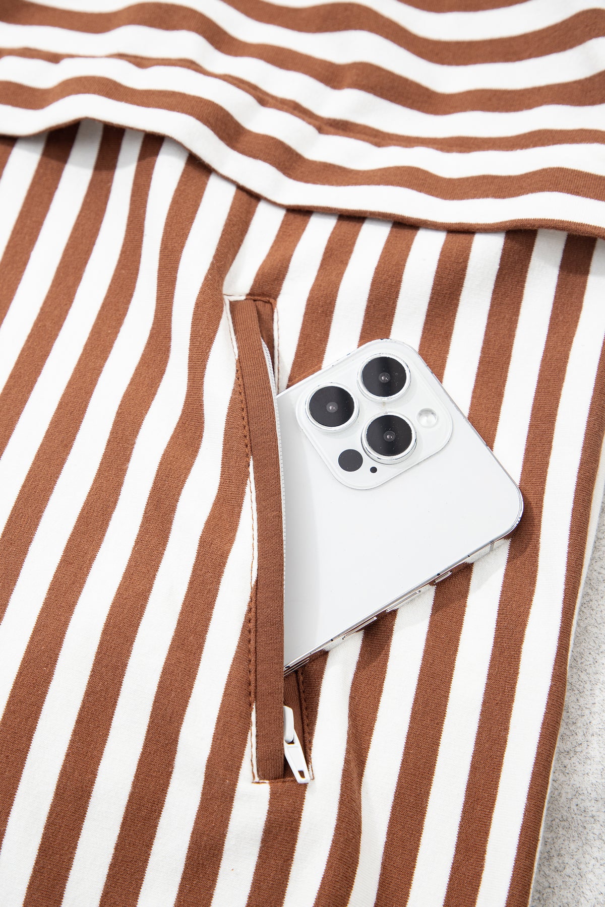 Brown Striped (Cotton) Patchwork Quarter Zip Top