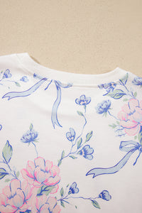 Floral & Bow Print Lightweight Long Sleeve Top