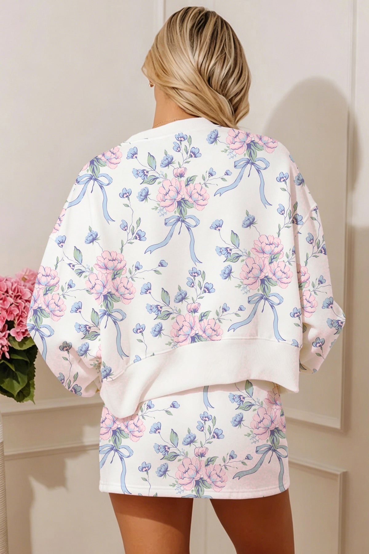 Floral & Bow Print Lightweight Long Sleeve Top
