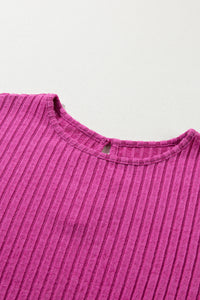 Rose Ribbed Short-Sleeve, Wide-Leg Jumpsuit