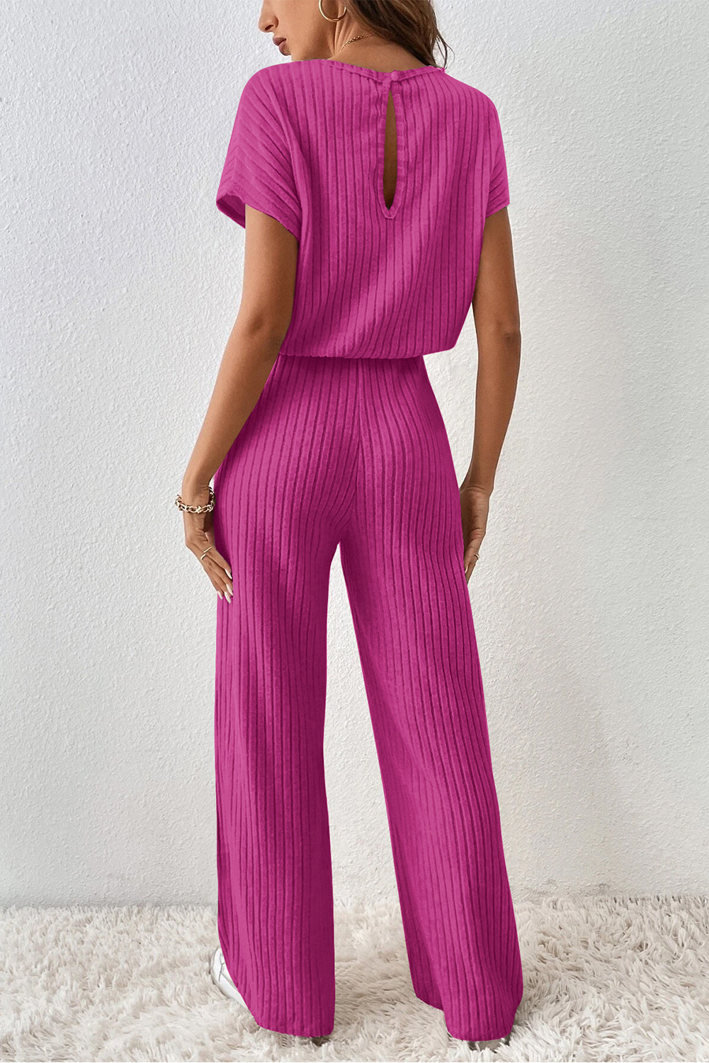 Rose Ribbed Short-Sleeve, Wide-Leg Jumpsuit