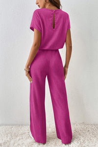 Rose Ribbed Short-Sleeve, Wide-Leg Jumpsuit