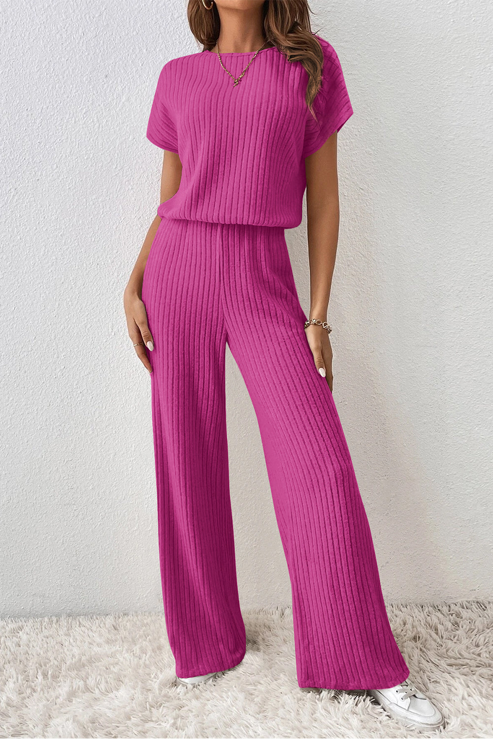 Rose Ribbed Short-Sleeve, Wide-Leg Jumpsuit