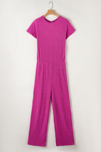 Rose Ribbed Short-Sleeve, Wide-Leg Jumpsuit