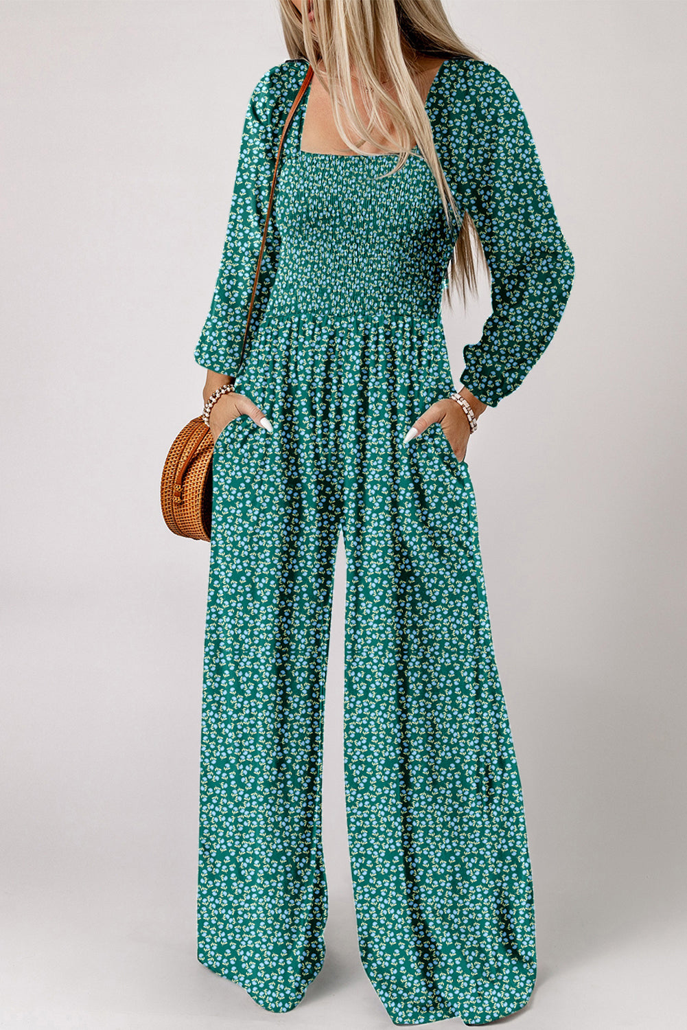 Green Long Sleeve Floral Smocked Waist Wide Leg Jumpsuit