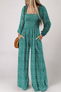 Green Long Sleeve Floral Smocked Waist Wide Leg Jumpsuit