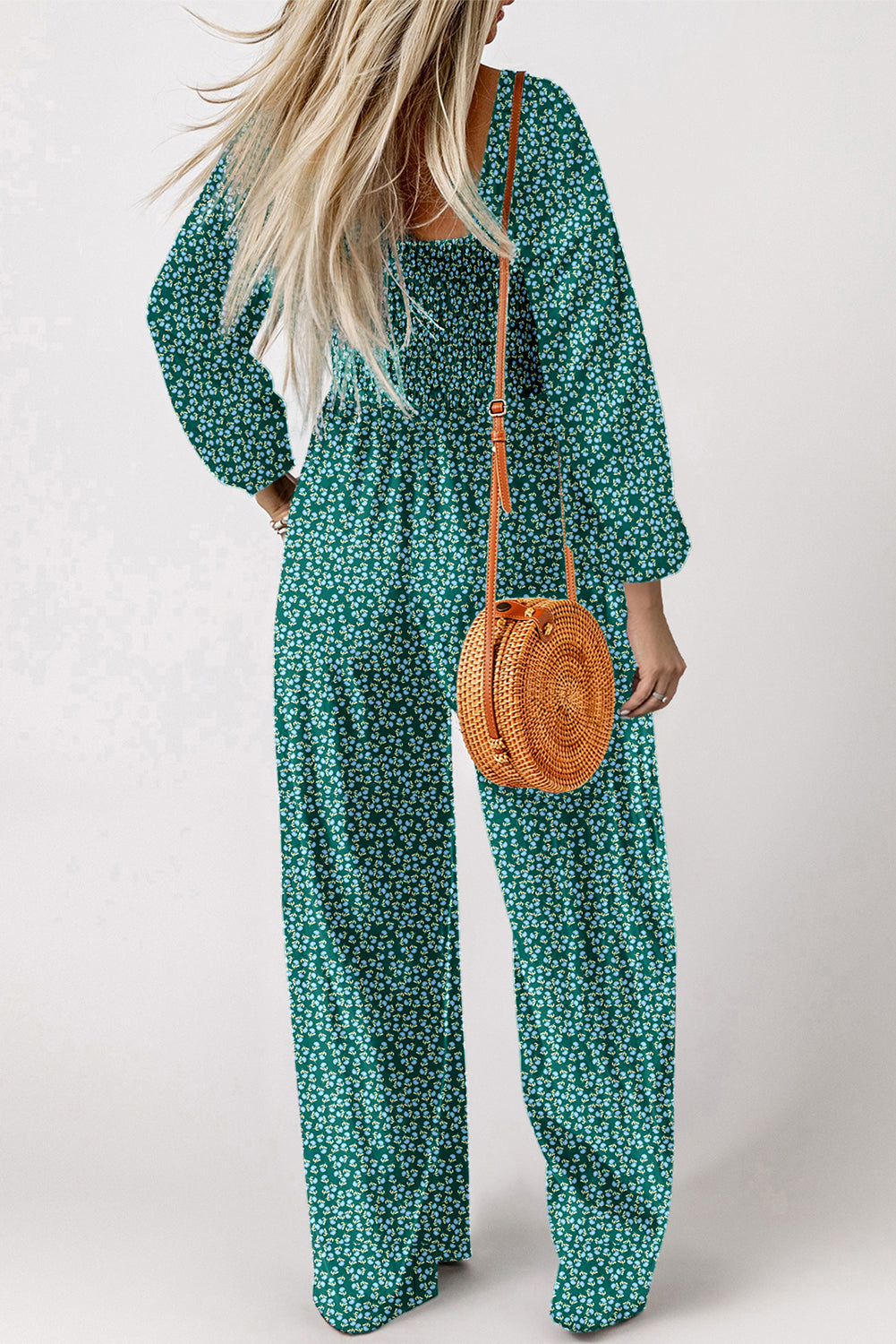 Green Long Sleeve Floral Smocked Waist Wide Leg Jumpsuit