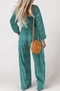 Green Long Sleeve Floral Smocked Waist Wide Leg Jumpsuit