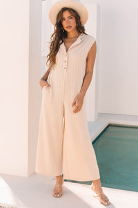 Light Peachy Cream Textured Wide Leg Sleeveless Jumpsuit