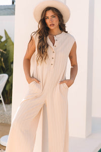 Light Peachy Cream Textured Wide Leg Sleeveless Jumpsuit