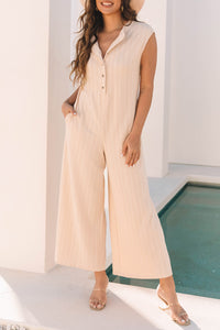 Light Peachy Cream Textured Wide Leg Sleeveless Jumpsuit