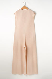 Light Peachy Cream Textured Wide Leg Sleeveless Jumpsuit