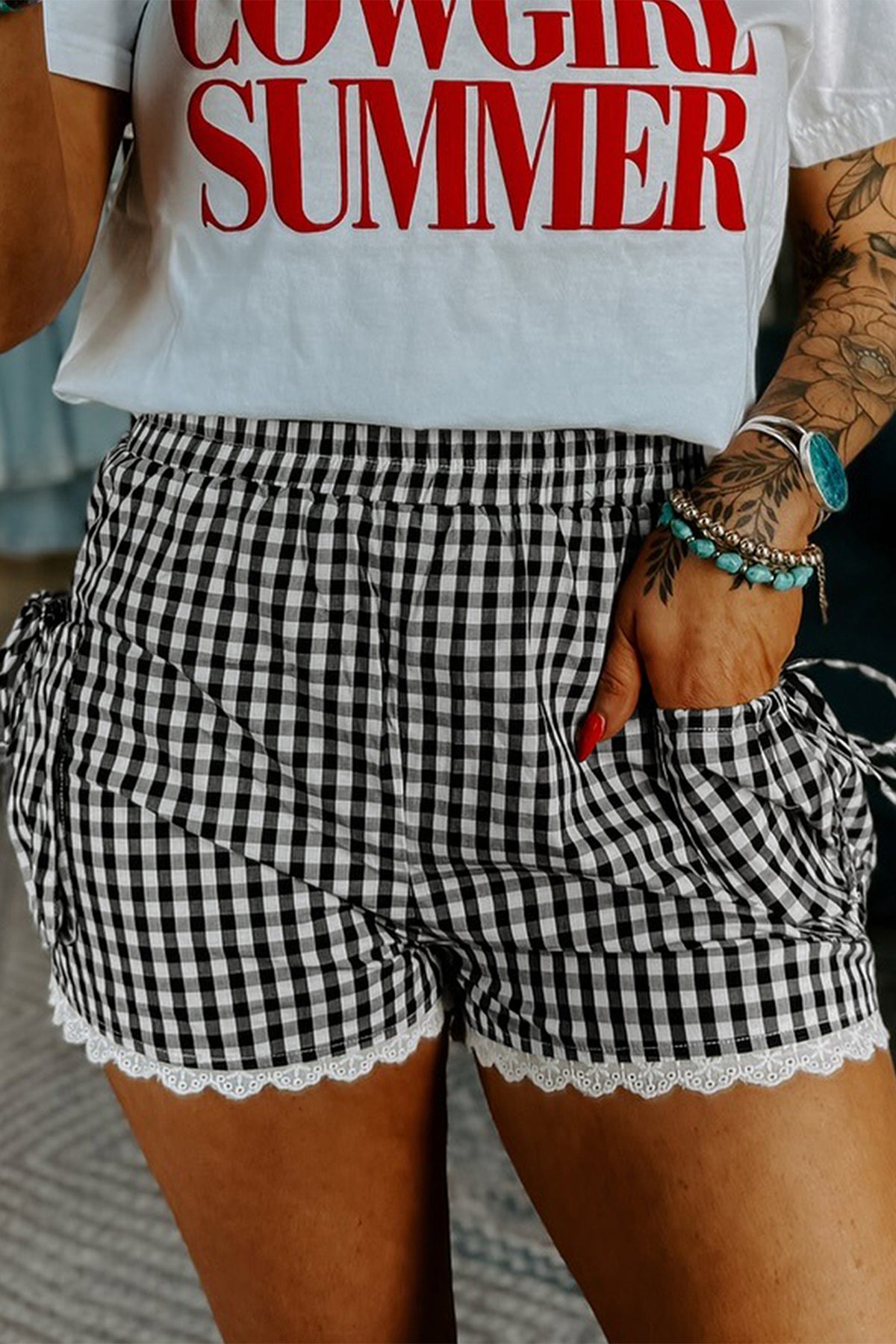Lace-Trimmed Black Gingham Shorts with Pockets