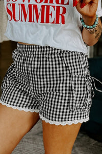 Lace-Trimmed Black Gingham Shorts with Pockets