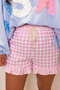 Gingham (Pink) Ruffled Bottom Shorts with Lace Drawstring