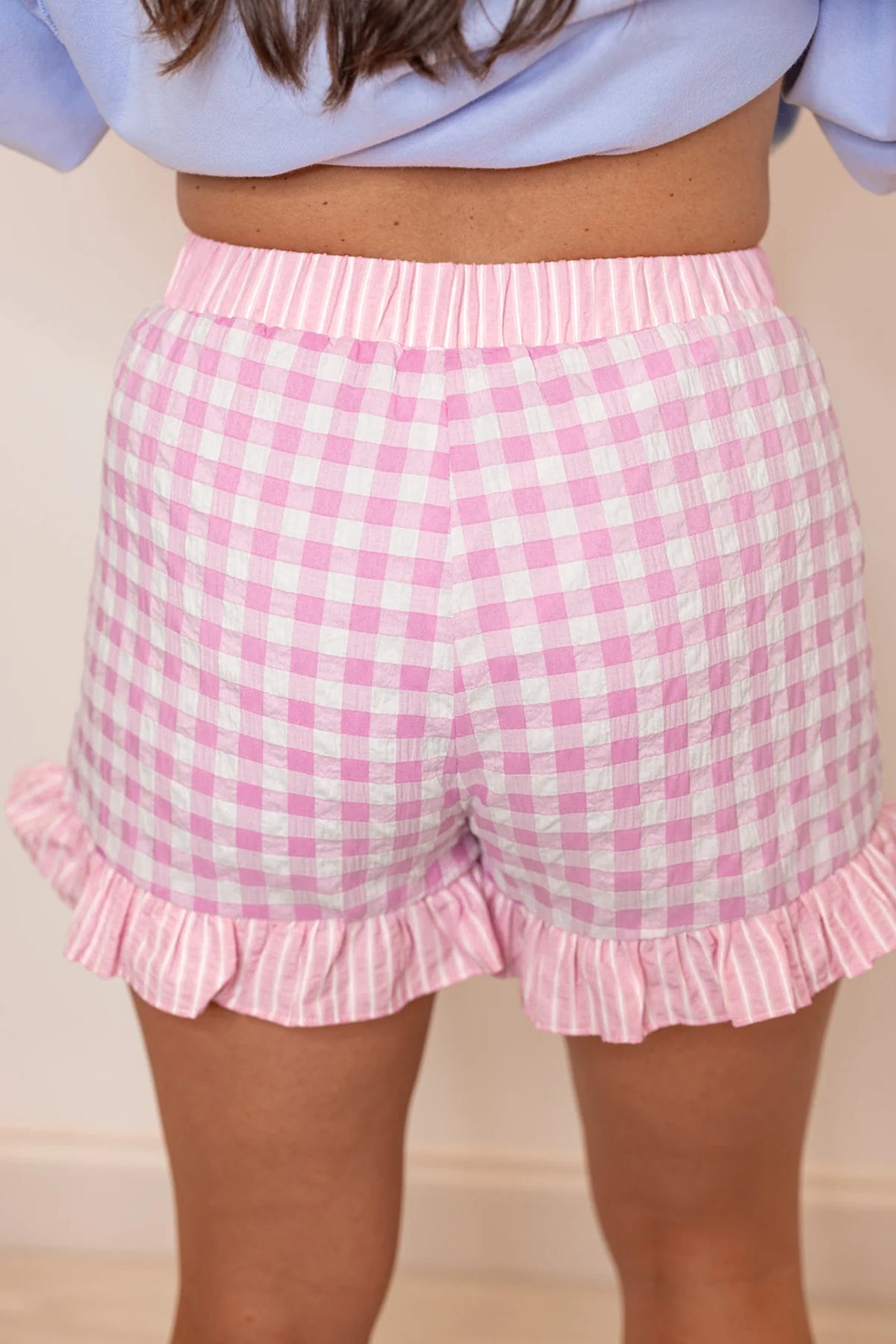 Gingham (Pink) Ruffled Bottom Shorts with Lace Drawstring