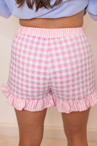 Gingham (Pink) Ruffled Bottom Shorts with Lace Drawstring
