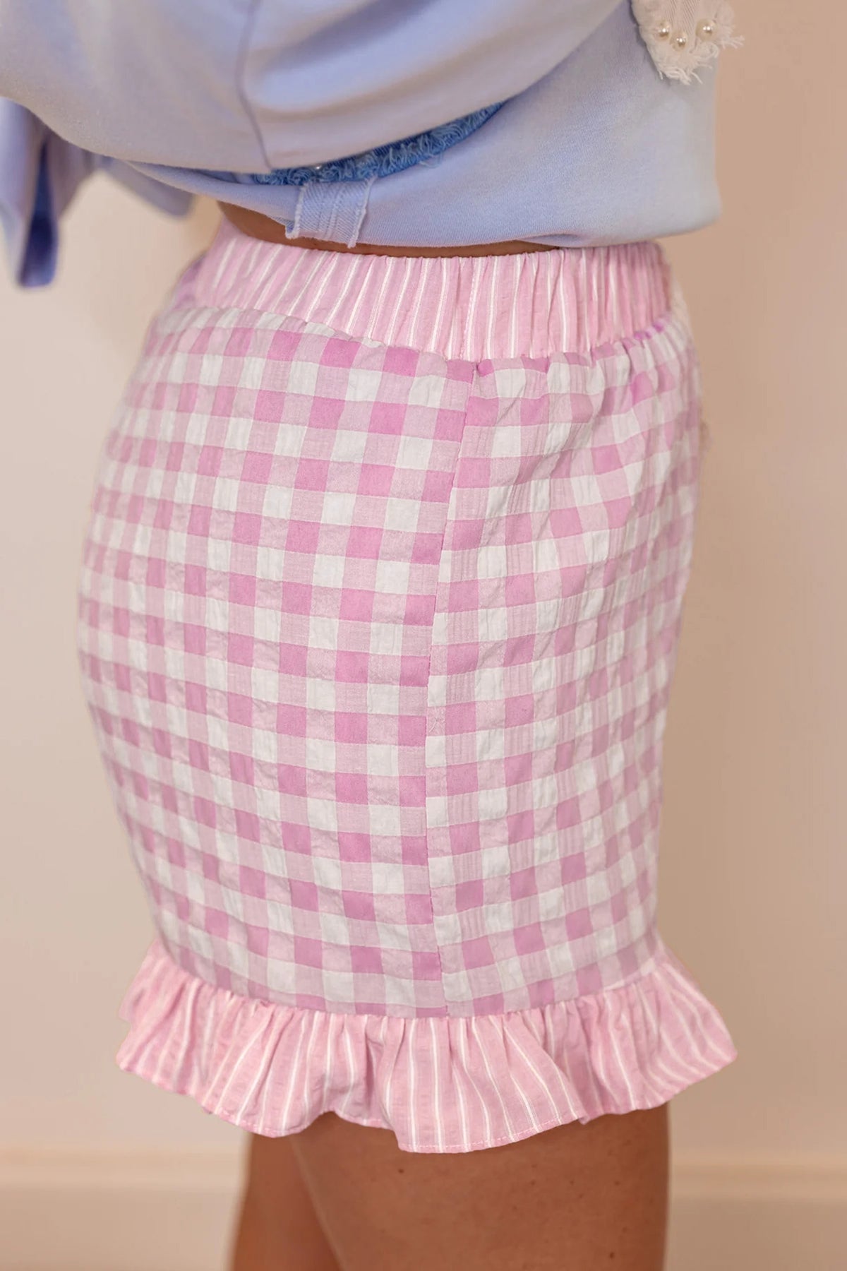 Gingham (Pink) Ruffled Bottom Shorts with Lace Drawstring