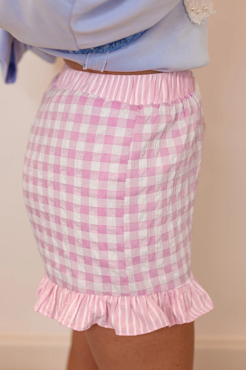 Gingham (Pink) Ruffled Bottom Shorts with Lace Drawstring