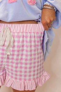 Gingham (Pink) Ruffled Bottom Shorts with Lace Drawstring