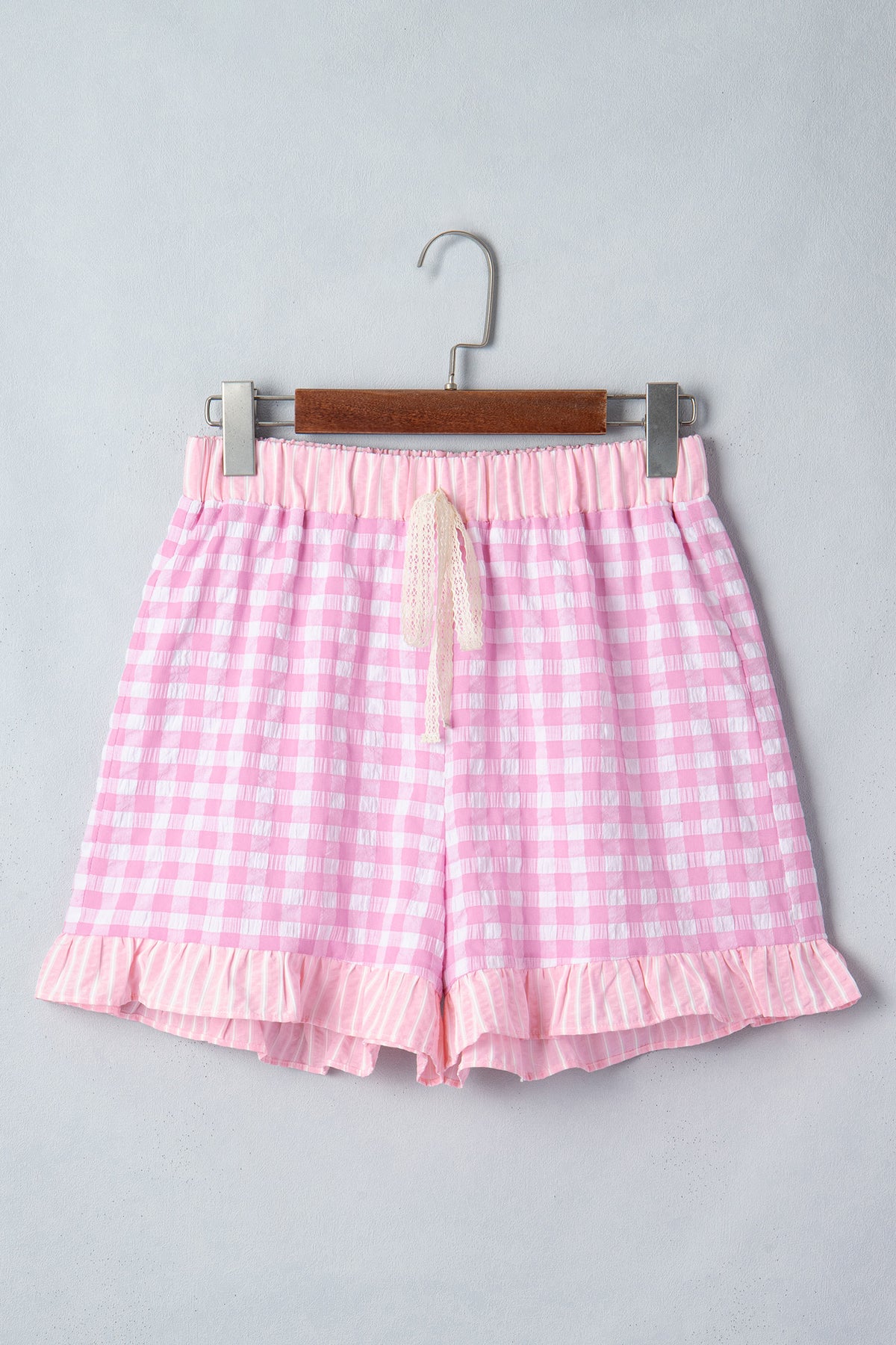 Gingham (Pink) Ruffled Bottom Shorts with Lace Drawstring