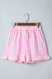 Gingham (Pink) Ruffled Bottom Shorts with Lace Drawstring