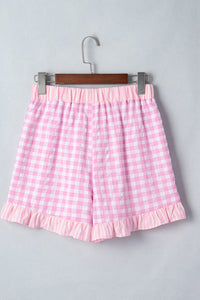 Gingham (Pink) Ruffled Bottom Shorts with Lace Drawstring