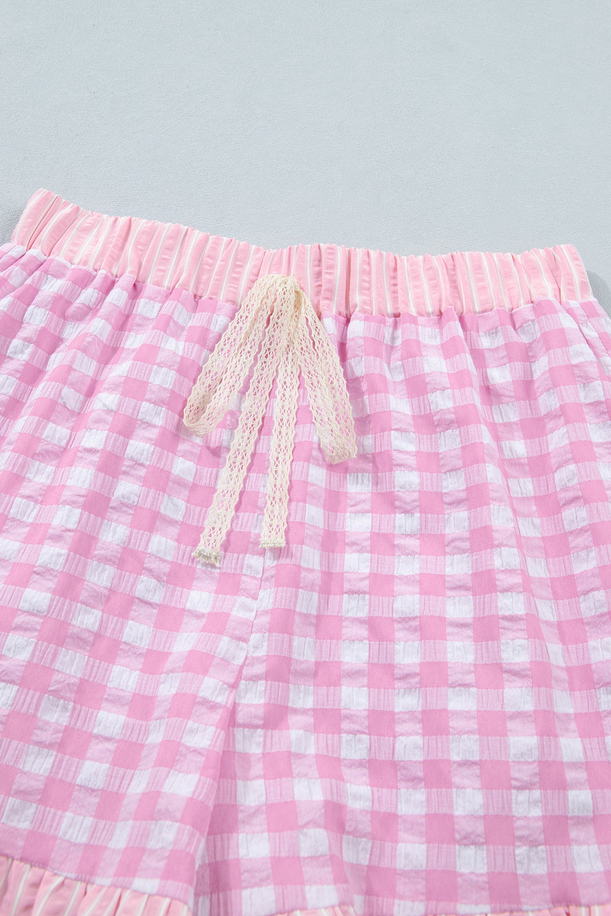 Gingham (Pink) Ruffled Bottom Shorts with Lace Drawstring