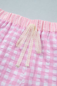 Gingham (Pink) Ruffled Bottom Shorts with Lace Drawstring